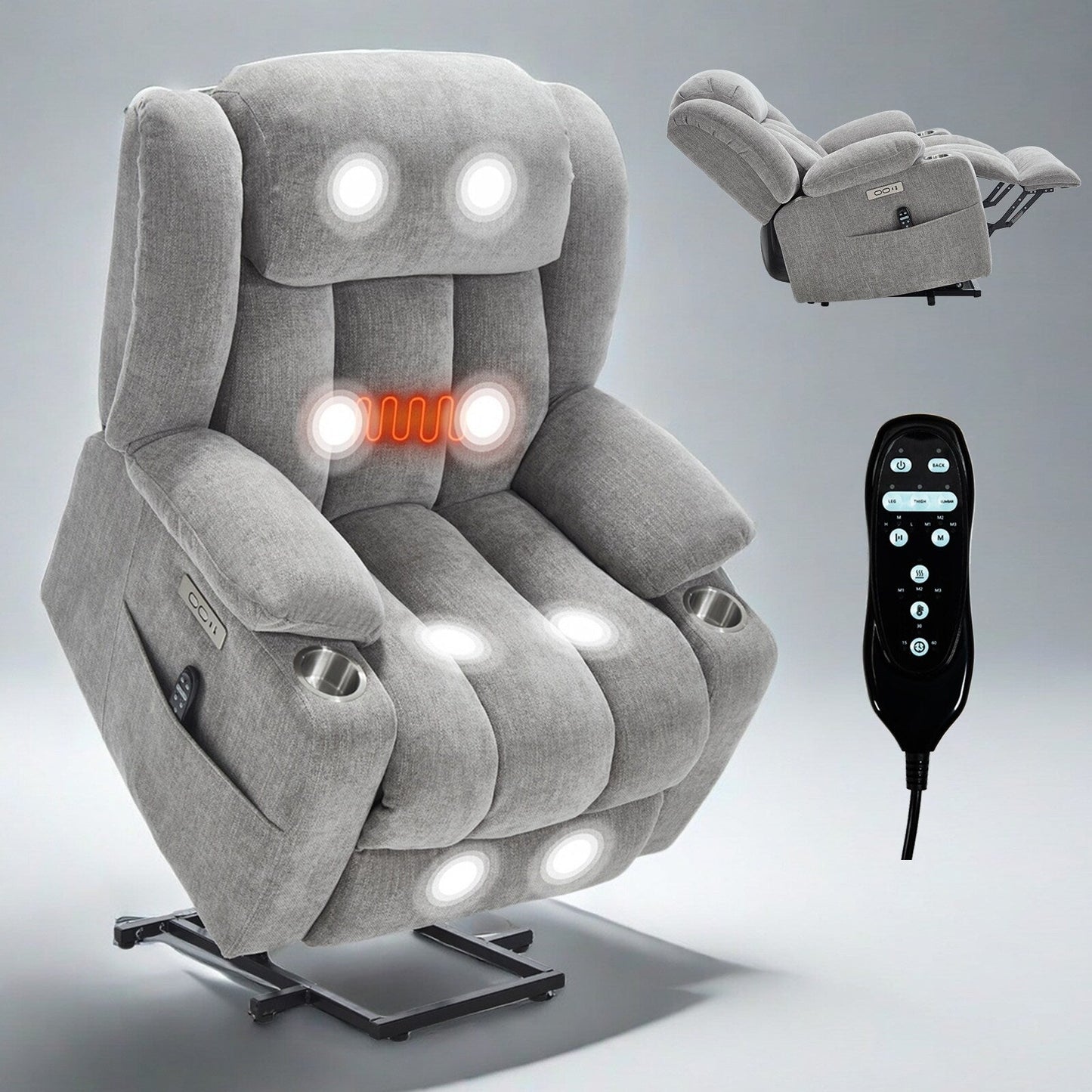 Fauteuil inclinable électrique, mécanisme de mouvement robuste avec massage par vibration à 8 points et chauffage lombaire, ports USB et Type-C