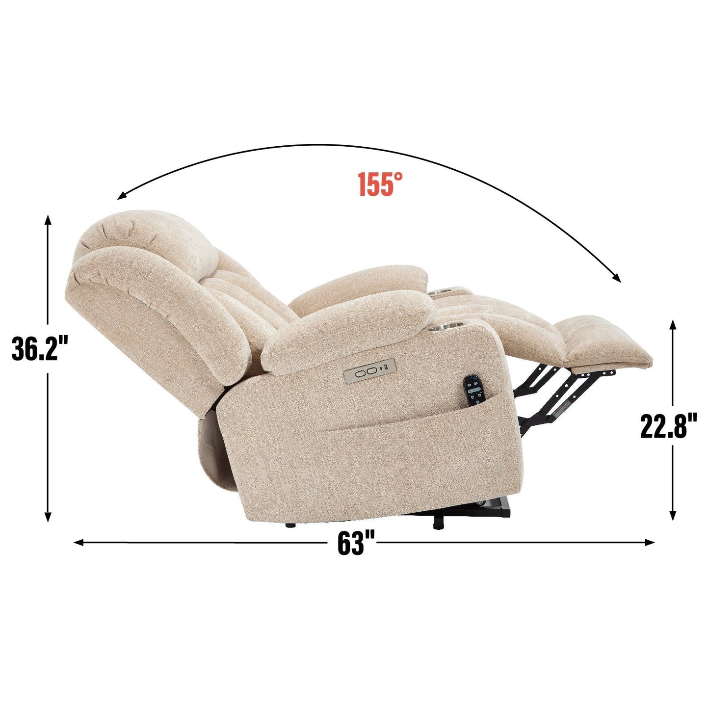 Fauteuil inclinable électrique, mécanisme de mouvement robuste avec massage par vibration à 8 points et chauffage lombaire, ports USB et Type-C