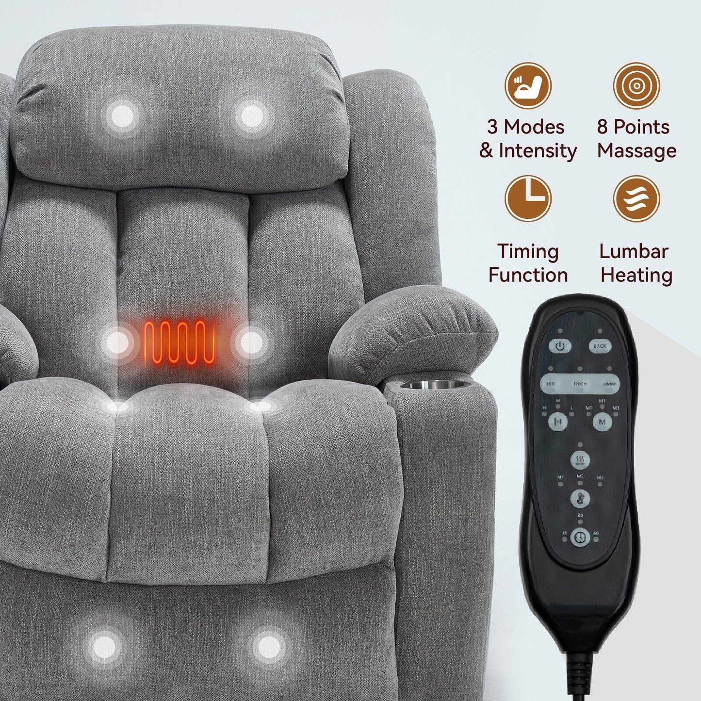 Fauteuil inclinable électrique, mécanisme de mouvement robuste avec massage par vibration à 8 points et chauffage lombaire, ports USB et Type-C