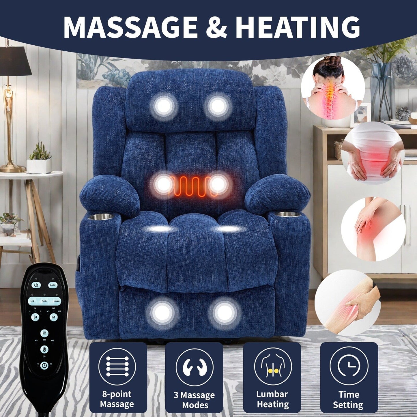 Fauteuil inclinable électrique, mécanisme de mouvement robuste avec massage par vibration à 8 points et chauffage lombaire, ports USB et Type-C