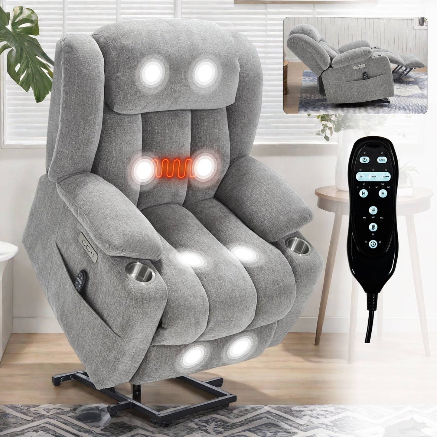 Fauteuil inclinable électrique, mécanisme de mouvement robuste avec massage par vibration à 8 points et chauffage lombaire, ports USB et Type-C