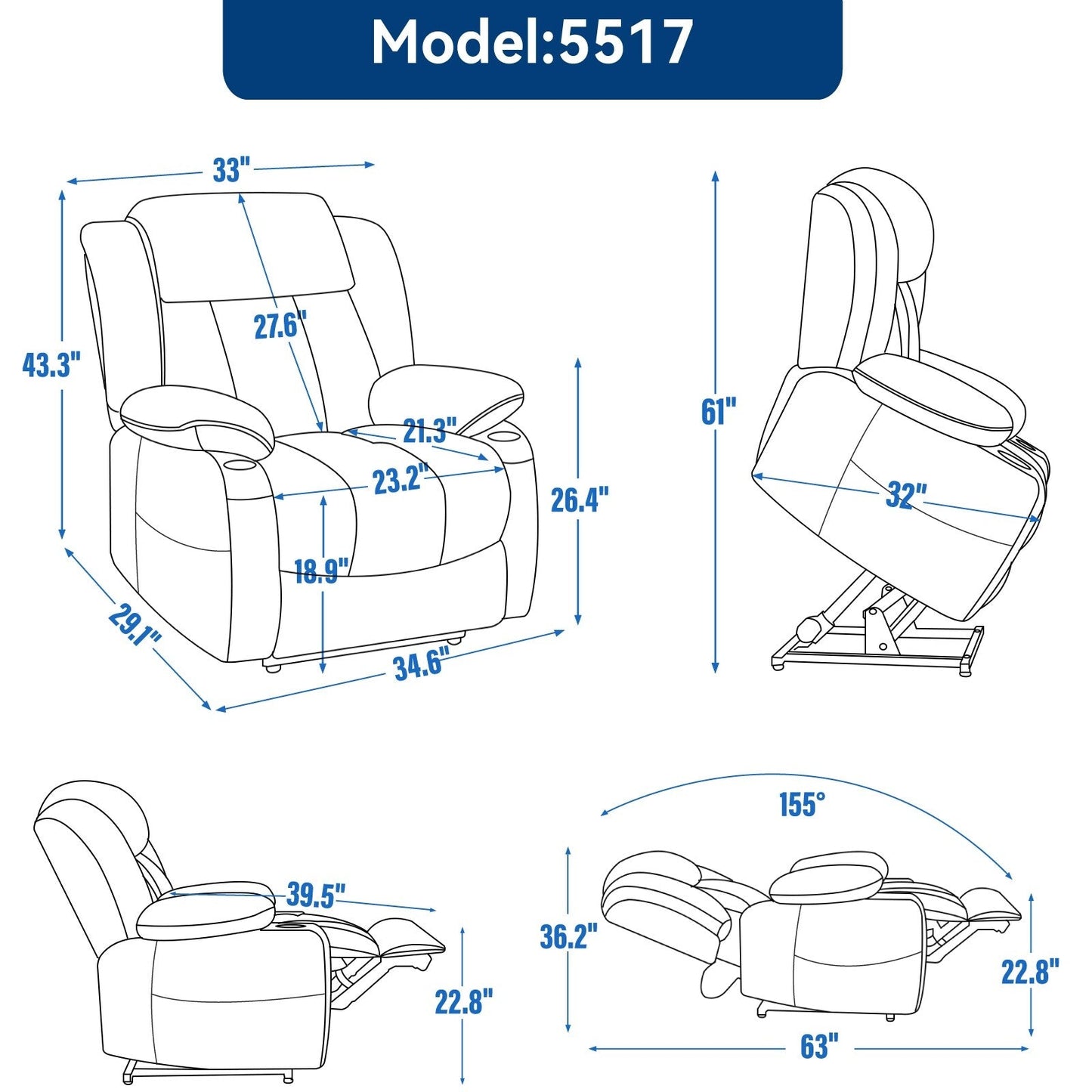 Fauteuil inclinable électrique, mécanisme de mouvement robuste avec massage par vibration à 8 points et chauffage lombaire, ports USB et Type-C