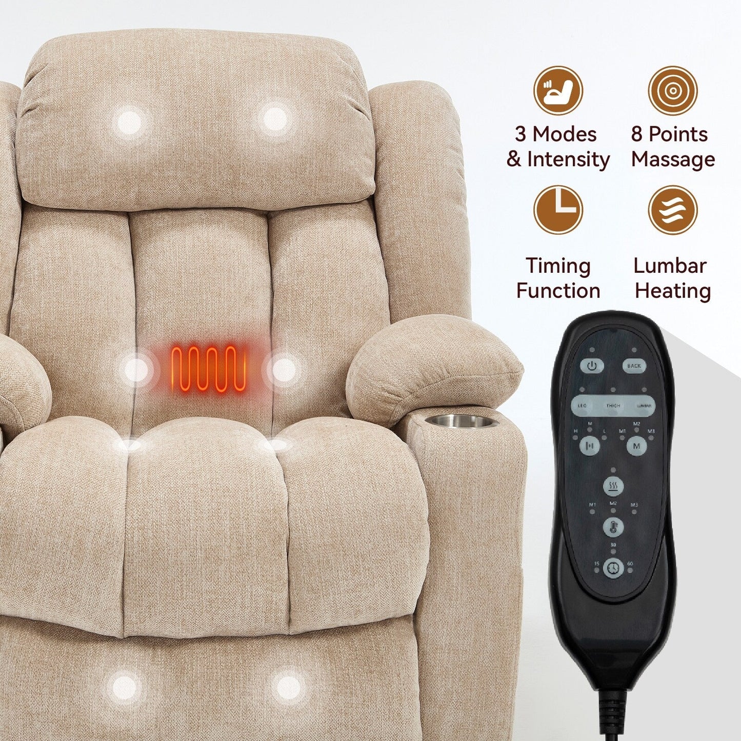 Fauteuil inclinable électrique, mécanisme de mouvement robuste avec massage par vibration à 8 points et chauffage lombaire, ports USB et Type-C