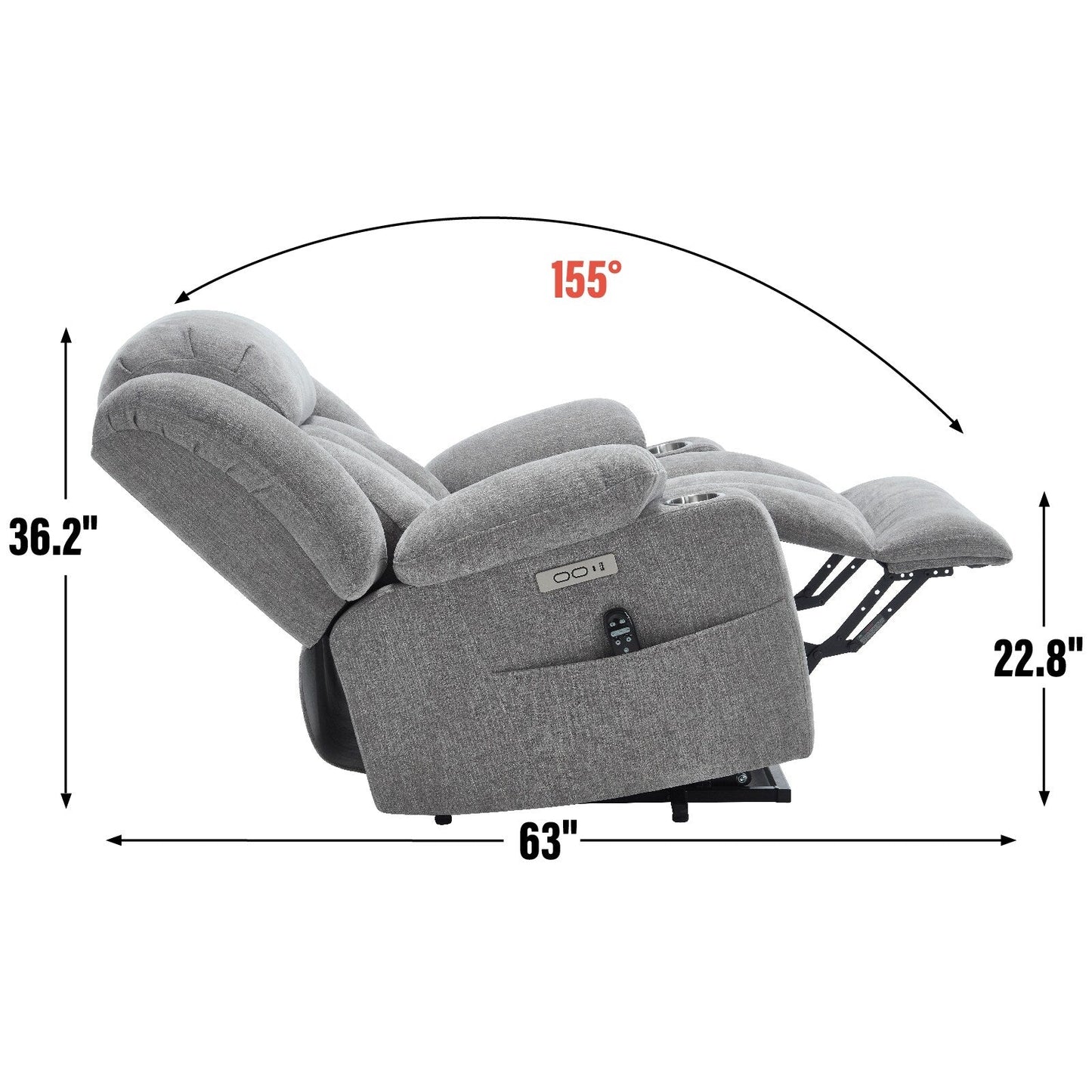 Fauteuil inclinable électrique, mécanisme de mouvement robuste avec massage par vibration à 8 points et chauffage lombaire, ports USB et Type-C