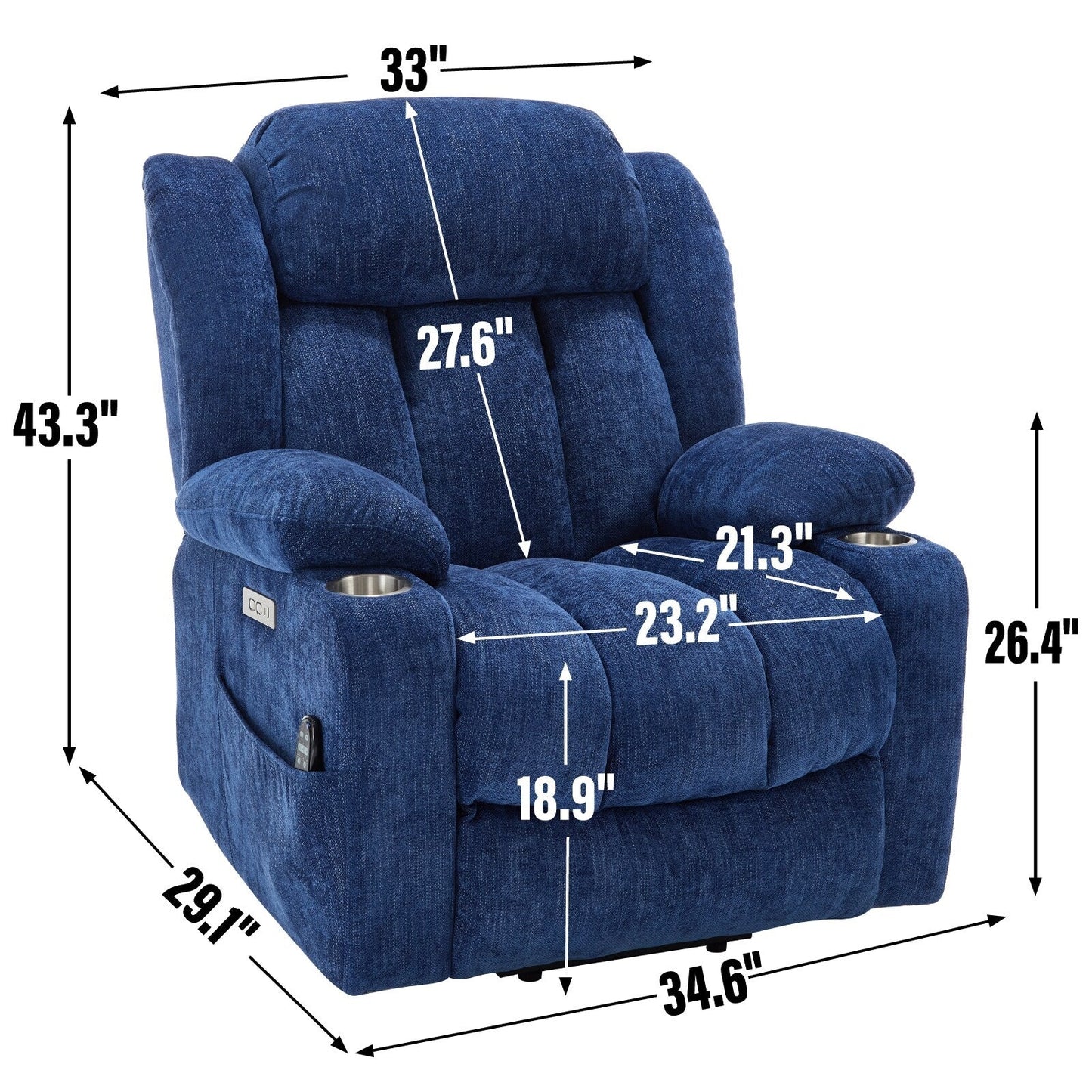 Fauteuil inclinable électrique, mécanisme de mouvement robuste avec massage par vibration à 8 points et chauffage lombaire, ports USB et Type-C