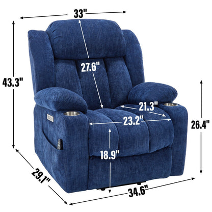 Fauteuil inclinable électrique, mécanisme de mouvement robuste avec massage par vibration à 8 points et chauffage lombaire, ports USB et Type-C