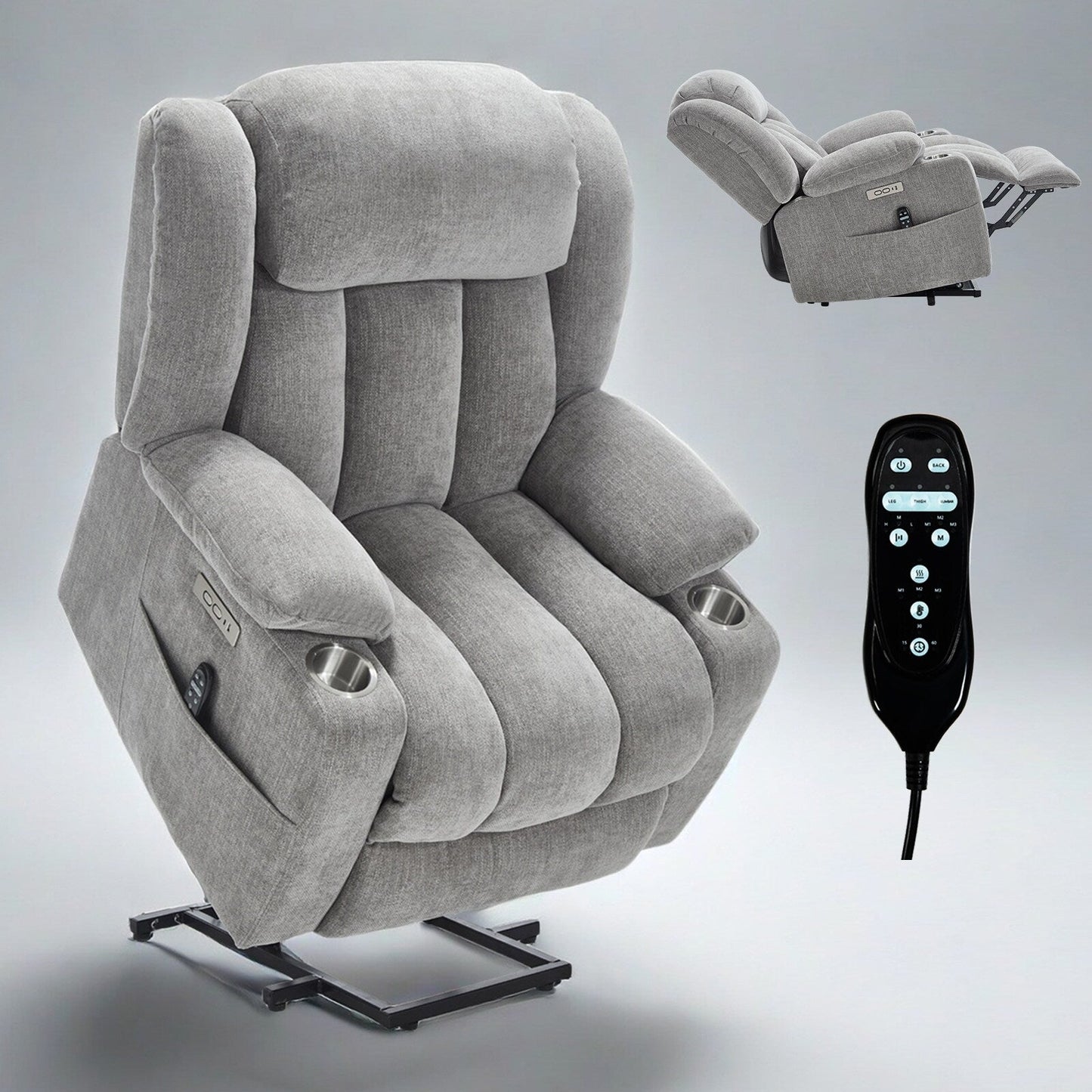 Fauteuil inclinable électrique, mécanisme de mouvement robuste avec massage par vibration à 8 points et chauffage lombaire, ports USB et Type-C