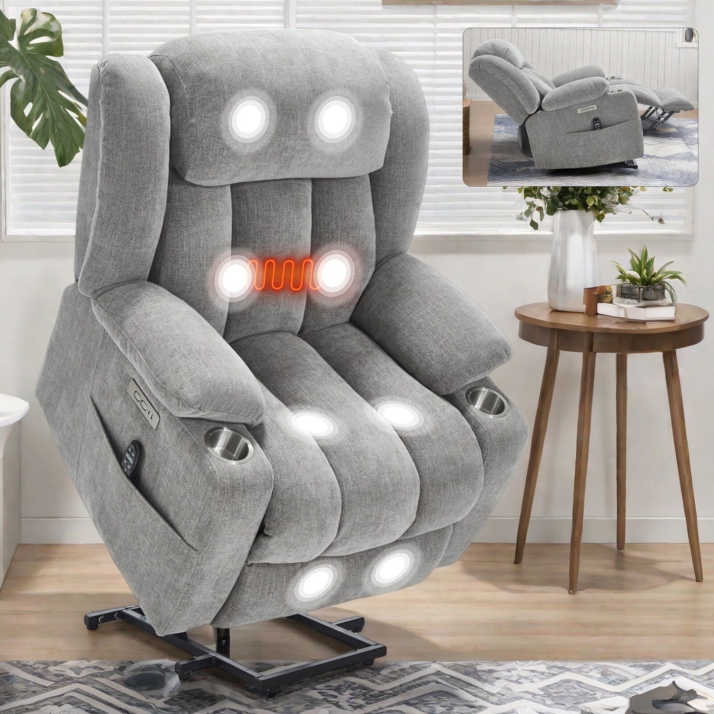 Fauteuil inclinable électrique, mécanisme de mouvement robuste avec massage par vibration à 8 points et chauffage lombaire, ports USB et Type-C