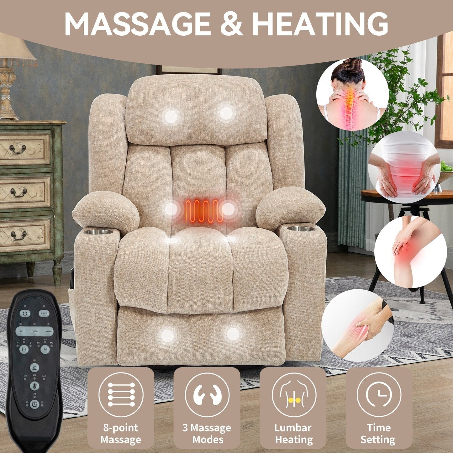 Fauteuil inclinable électrique, mécanisme de mouvement robuste avec massage par vibration à 8 points et chauffage lombaire, ports USB et Type-C