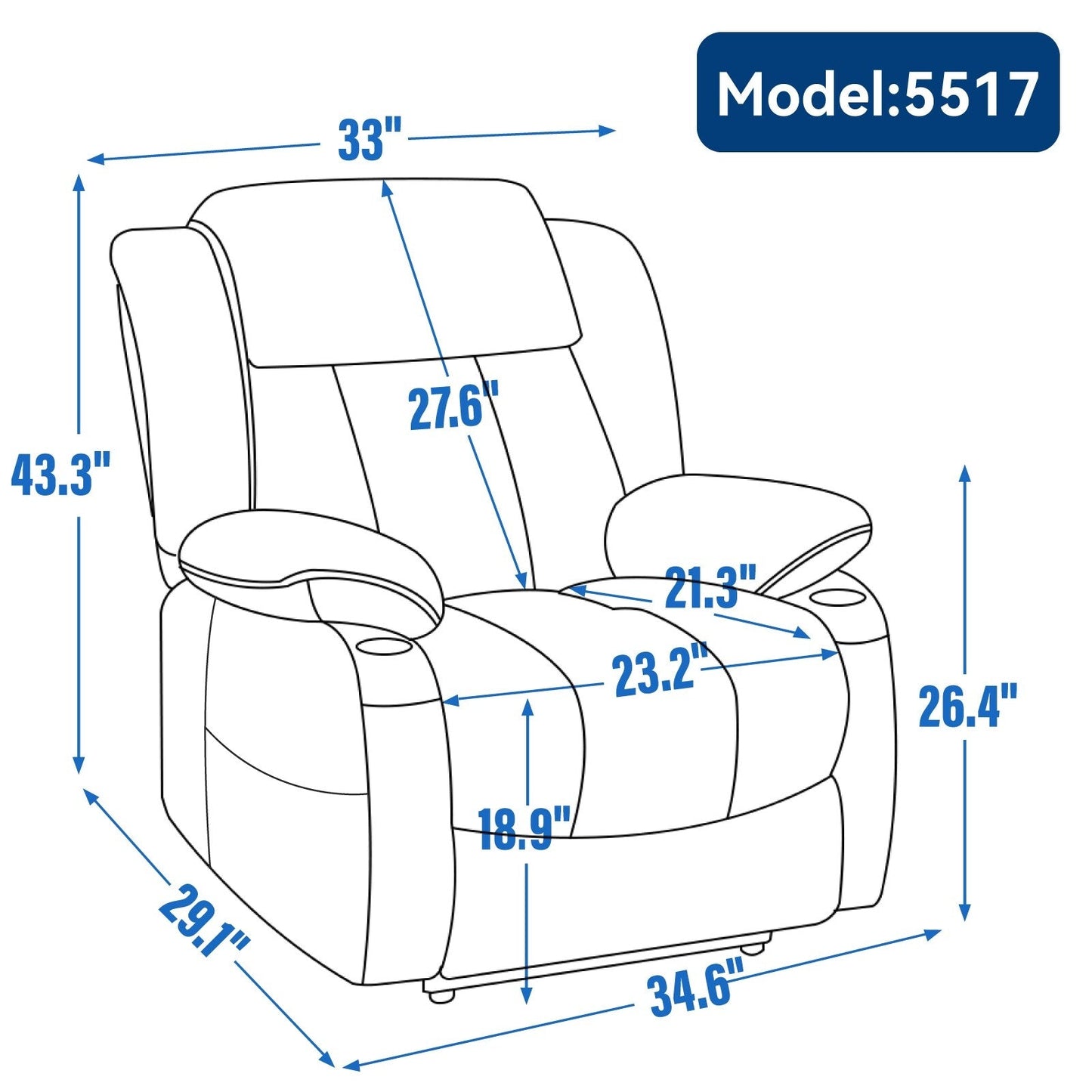 Fauteuil inclinable électrique, mécanisme de mouvement robuste avec massage par vibration à 8 points et chauffage lombaire, ports USB et Type-C