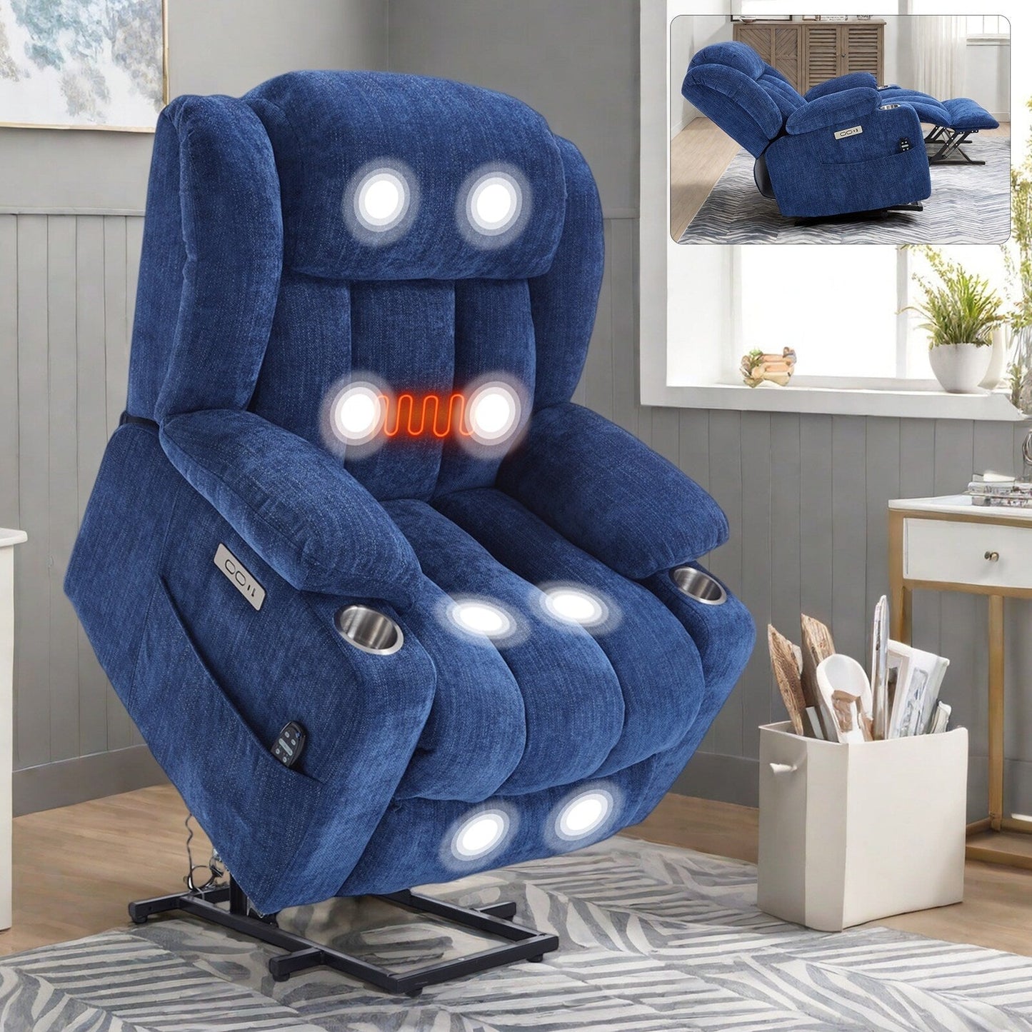 Fauteuil inclinable électrique, mécanisme de mouvement robuste avec massage par vibration à 8 points et chauffage lombaire, ports USB et Type-C