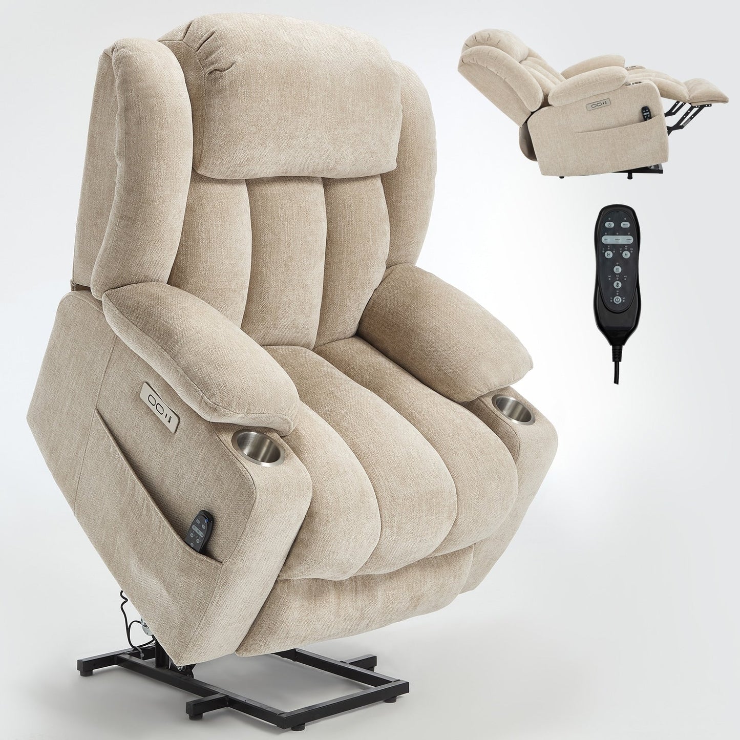 Fauteuil inclinable électrique, mécanisme de mouvement robuste avec massage par vibration à 8 points et chauffage lombaire, ports USB et Type-C