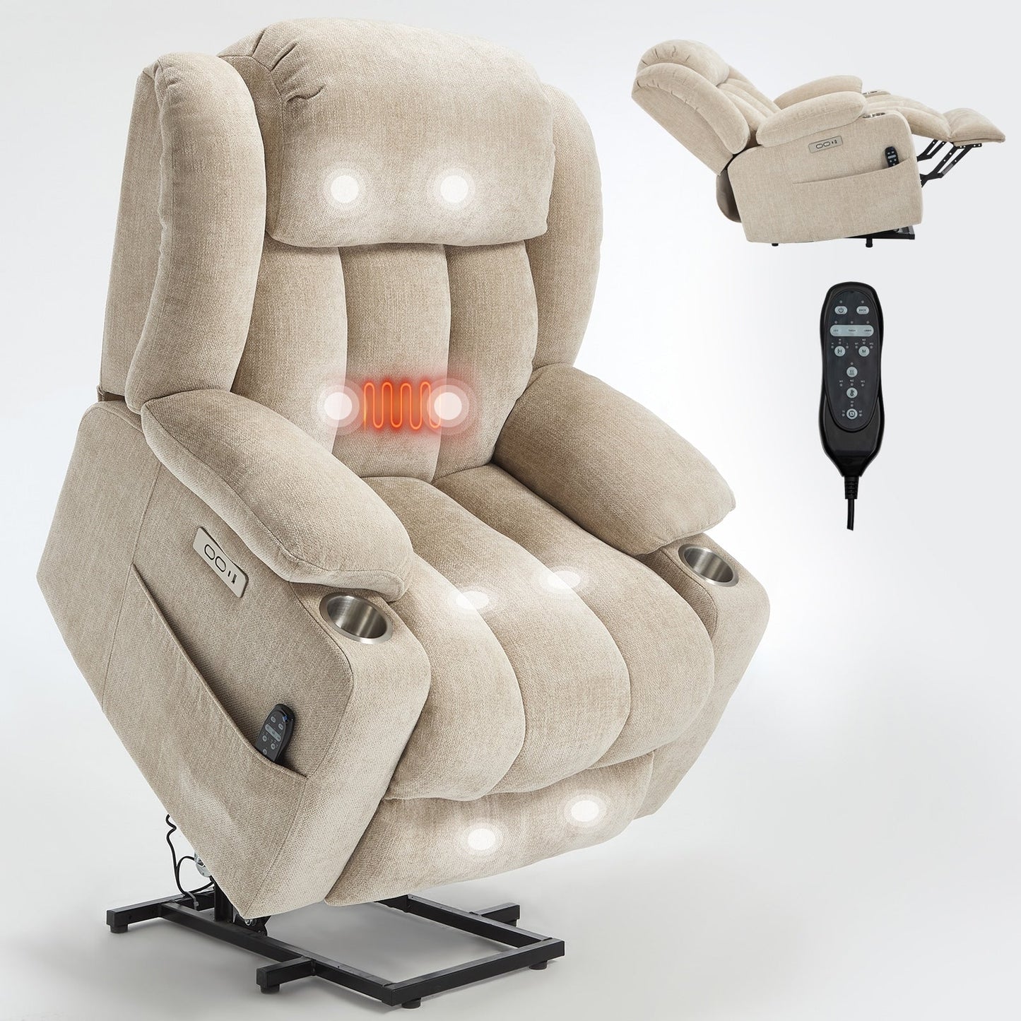 Fauteuil inclinable électrique, mécanisme de mouvement robuste avec massage par vibration à 8 points et chauffage lombaire, ports USB et Type-C