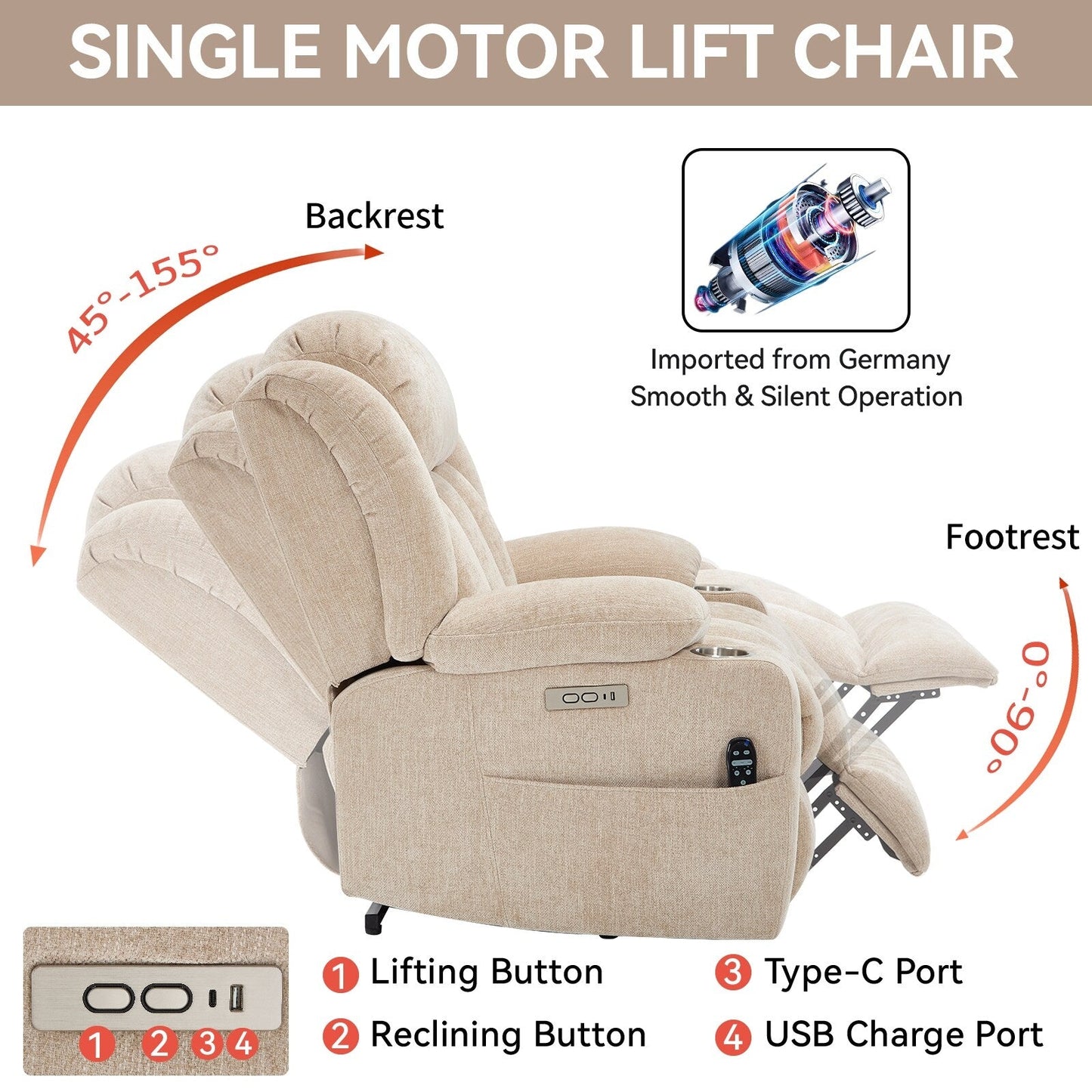 Fauteuil inclinable électrique, mécanisme de mouvement robuste avec massage par vibration à 8 points et chauffage lombaire, ports USB et Type-C