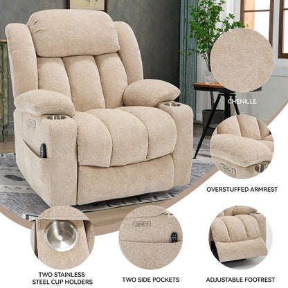Fauteuil inclinable électrique, mécanisme de mouvement robuste avec massage par vibration à 8 points et chauffage lombaire, ports USB et Type-C
