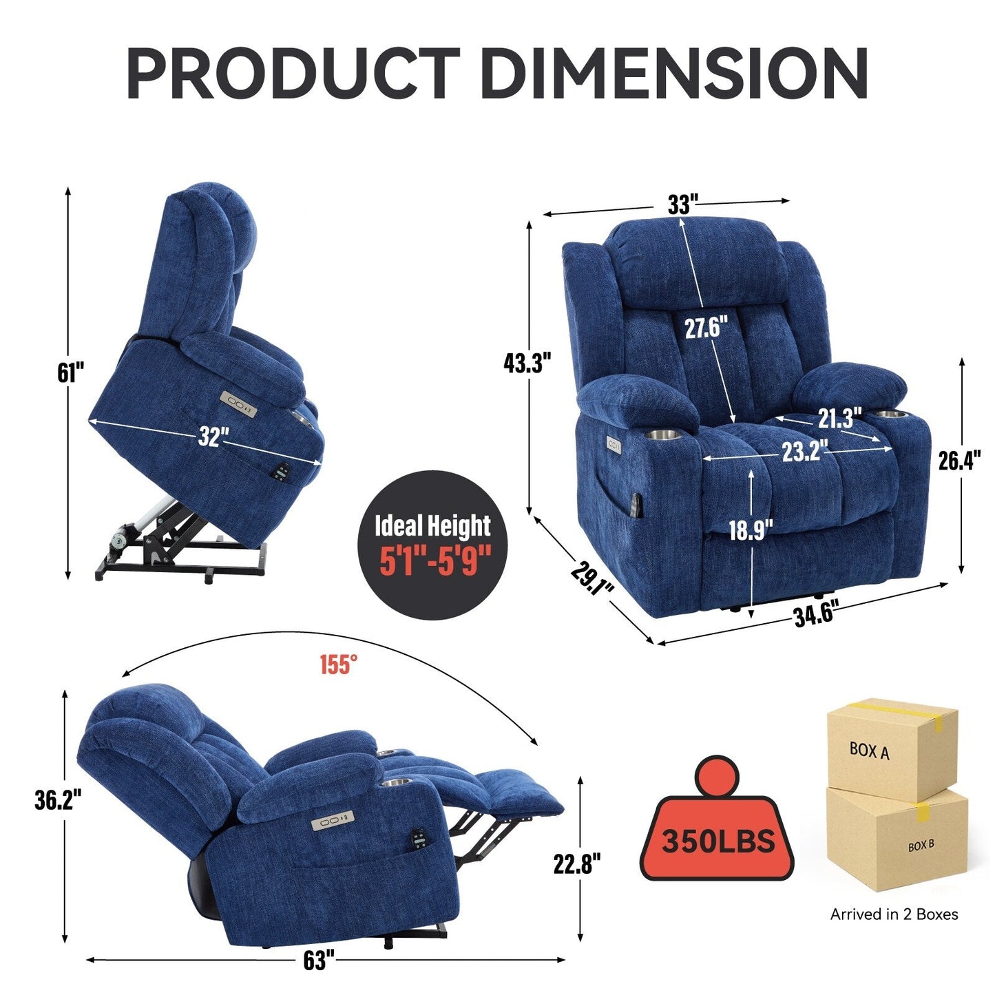 Fauteuil inclinable électrique, mécanisme de mouvement robuste avec massage par vibration à 8 points et chauffage lombaire, ports USB et Type-C