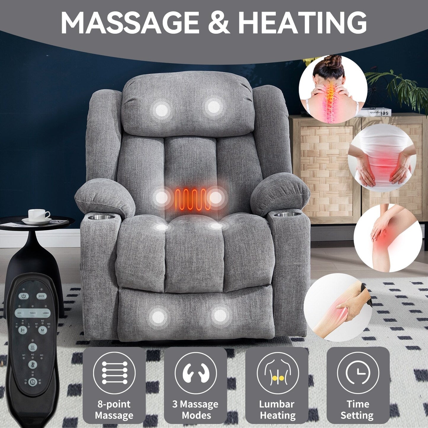 Fauteuil inclinable électrique, mécanisme de mouvement robuste avec massage par vibration à 8 points et chauffage lombaire, ports USB et Type-C