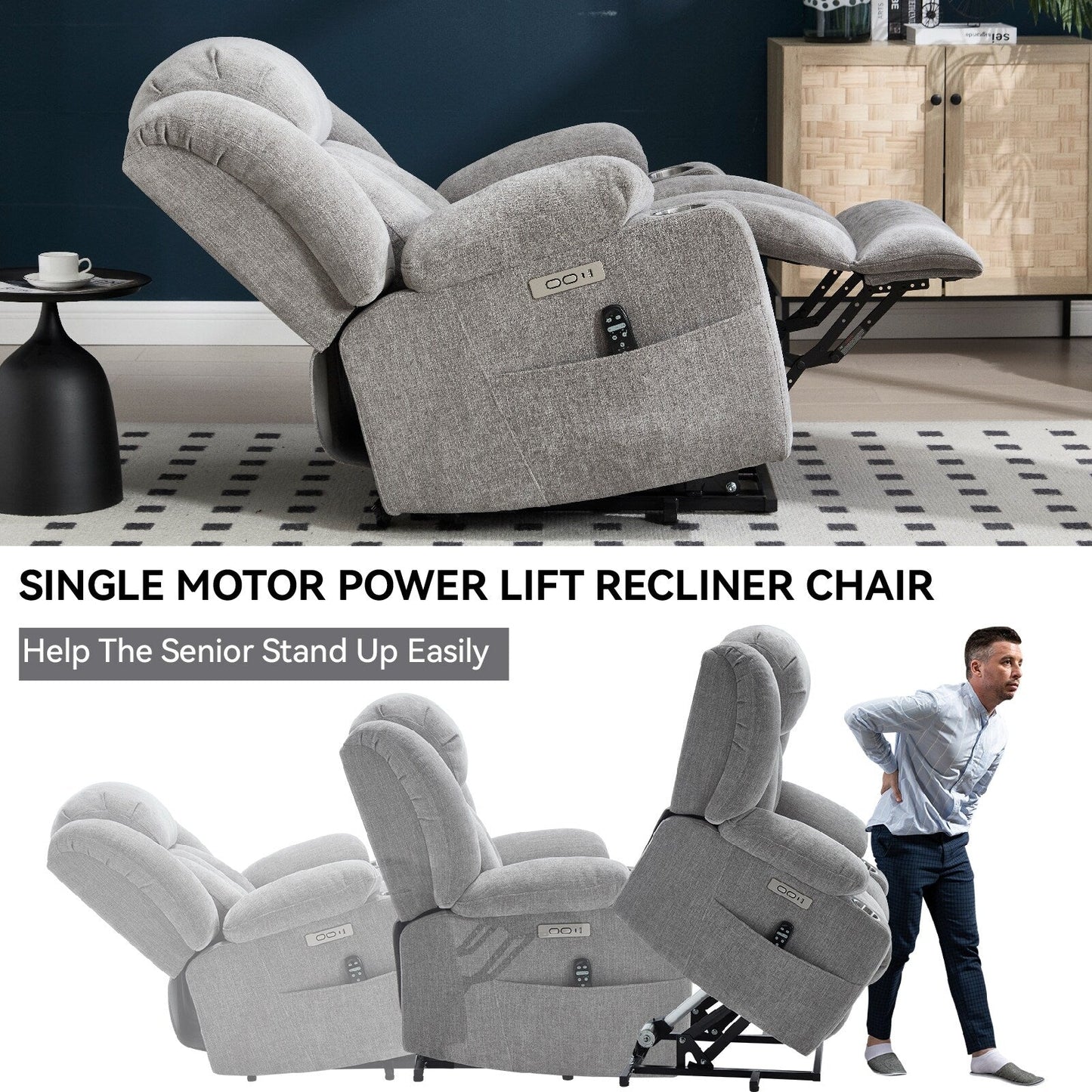 Fauteuil inclinable électrique, mécanisme de mouvement robuste avec massage par vibration à 8 points et chauffage lombaire, ports USB et Type-C