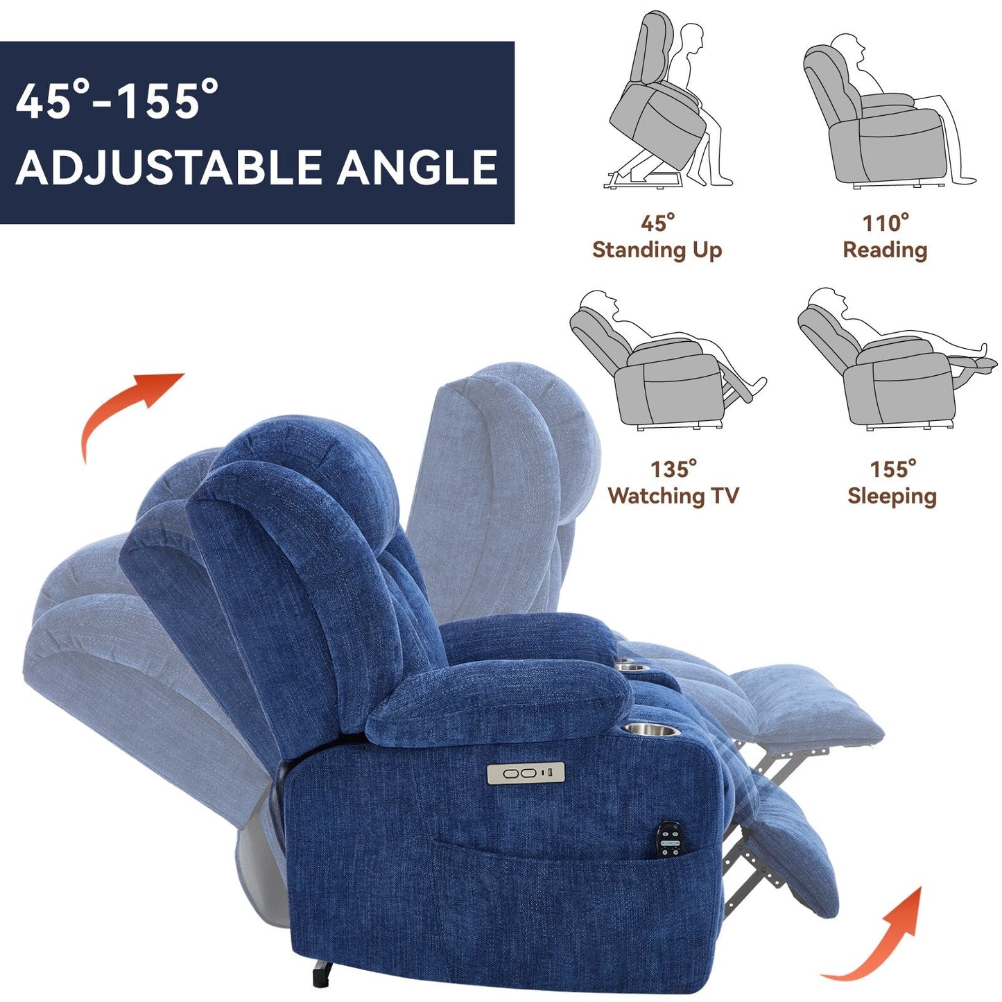 Fauteuil inclinable électrique, mécanisme de mouvement robuste avec massage par vibration à 8 points et chauffage lombaire, ports USB et Type-C