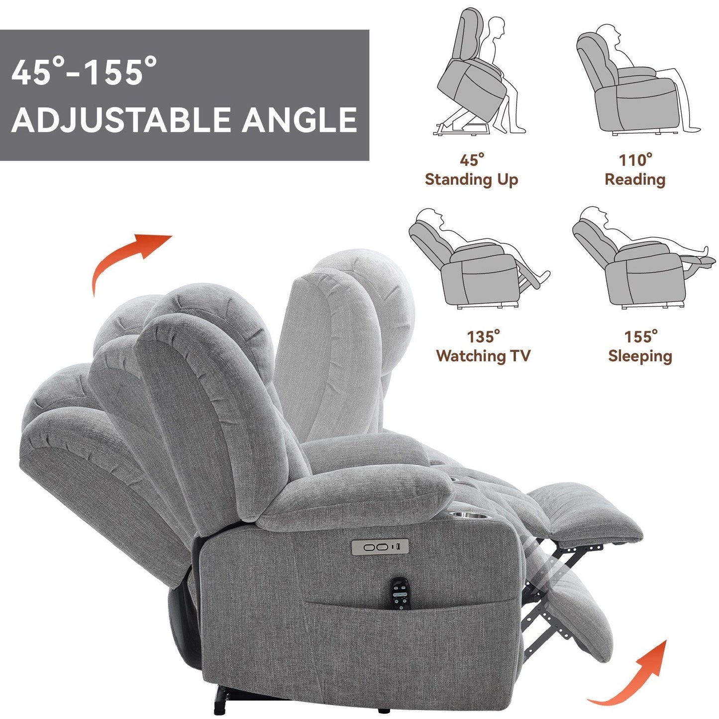 Fauteuil inclinable électrique, mécanisme de mouvement robuste avec massage par vibration à 8 points et chauffage lombaire, ports USB et Type-C