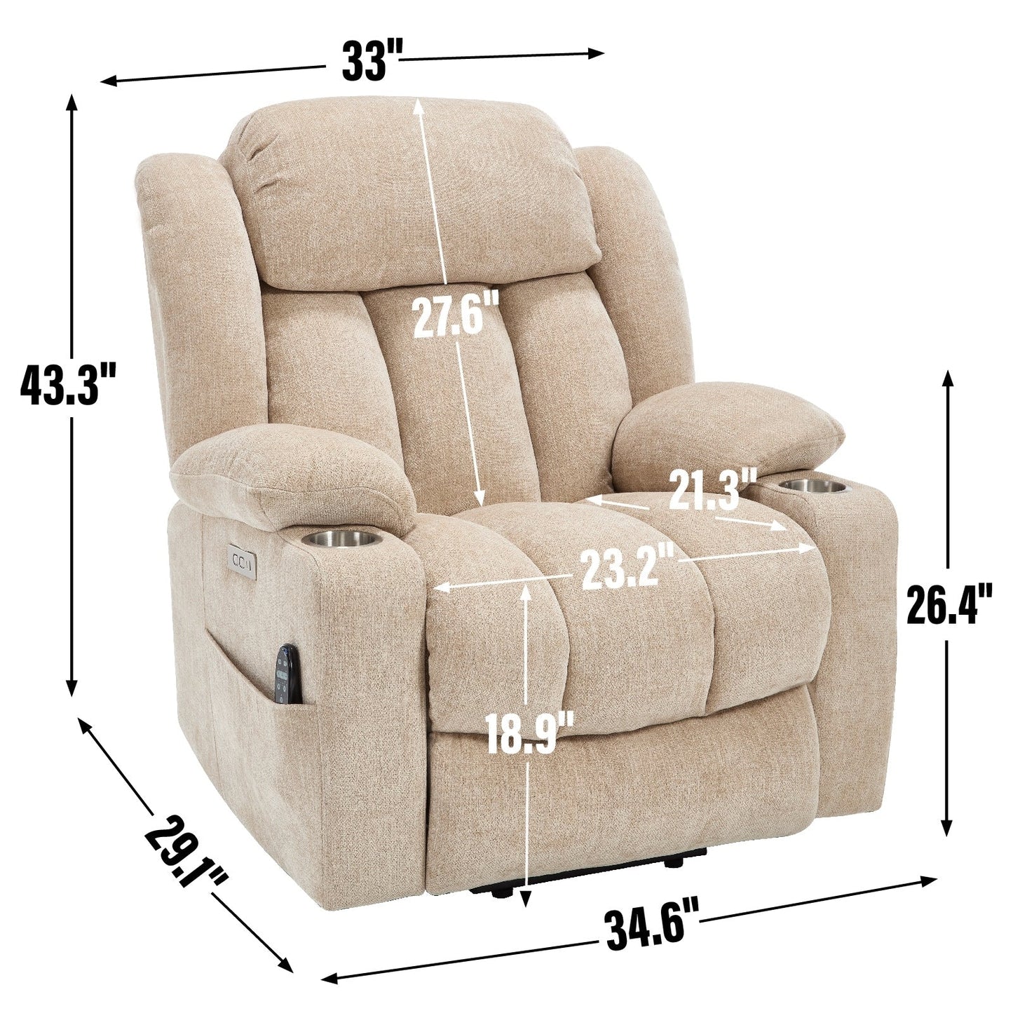 Fauteuil inclinable électrique, mécanisme de mouvement robuste avec massage par vibration à 8 points et chauffage lombaire, ports USB et Type-C