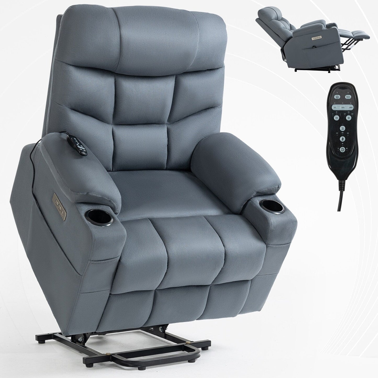 Fauteuil inclinable releveur électrique, avec moteur Okin, massage par vibrations à 8 points, chauffage lombaire, ports USB et Type-C, deux porte-gobelets