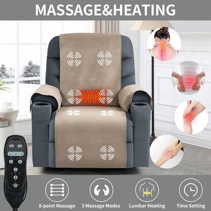 Fauteuil inclinable releveur électrique, avec moteur Okin, massage par vibrations à 8 points, chauffage lombaire, ports USB et Type-C, deux porte-gobelets