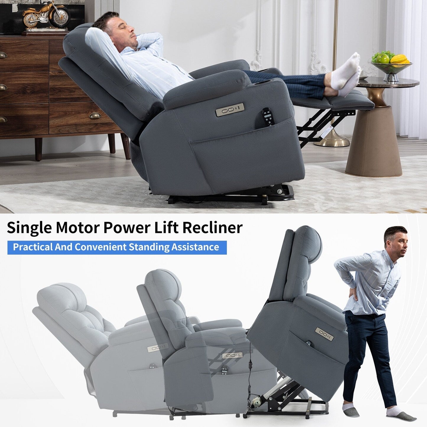 Fauteuil inclinable releveur électrique, avec moteur Okin, massage par vibrations à 8 points, chauffage lombaire, ports USB et Type-C, deux porte-gobelets