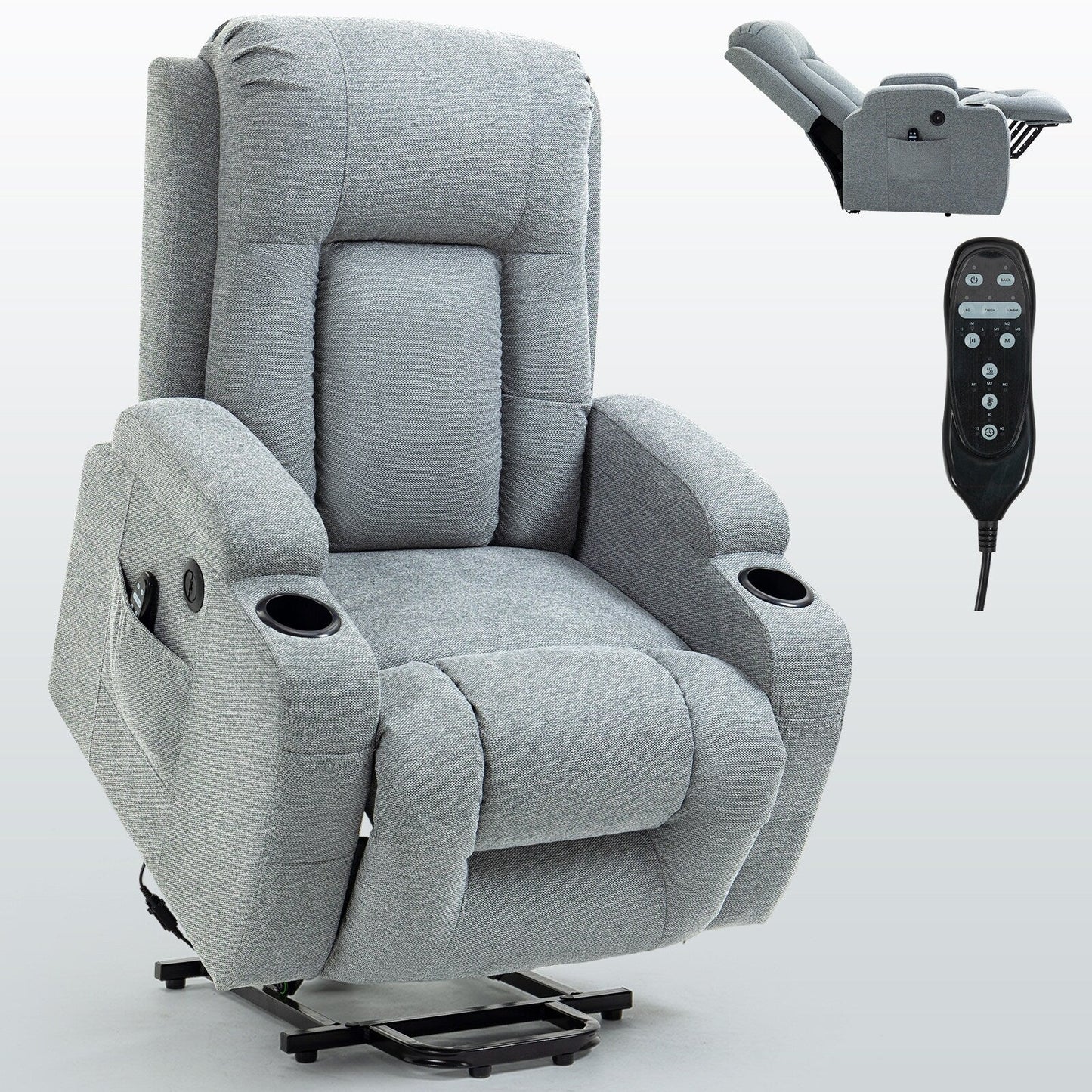 Fauteuil inclinable électrique pour personnes âgées avec massage et chauffage, ports de charge USB, porte-gobelets et positions d'inclinaison réglables