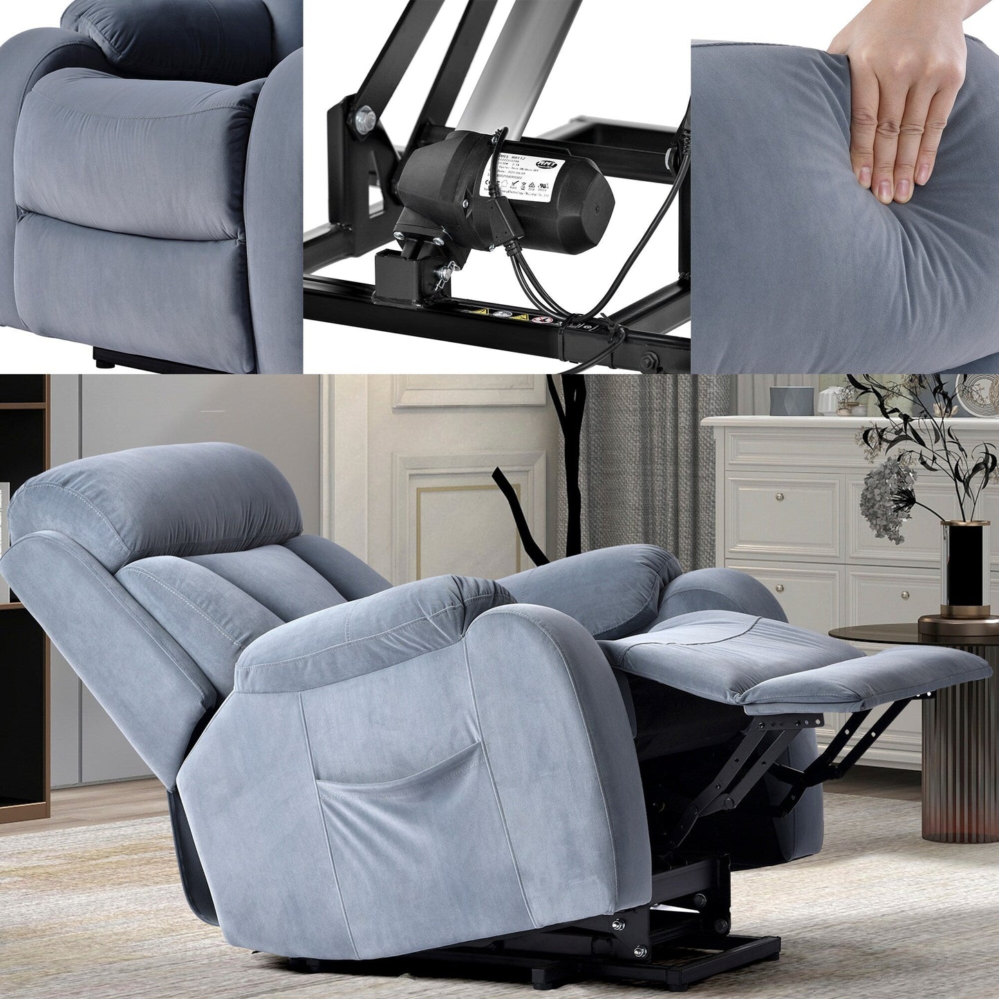 Fauteuil inclinable électrique pour personnes âgées avec télécommande et poche latérale