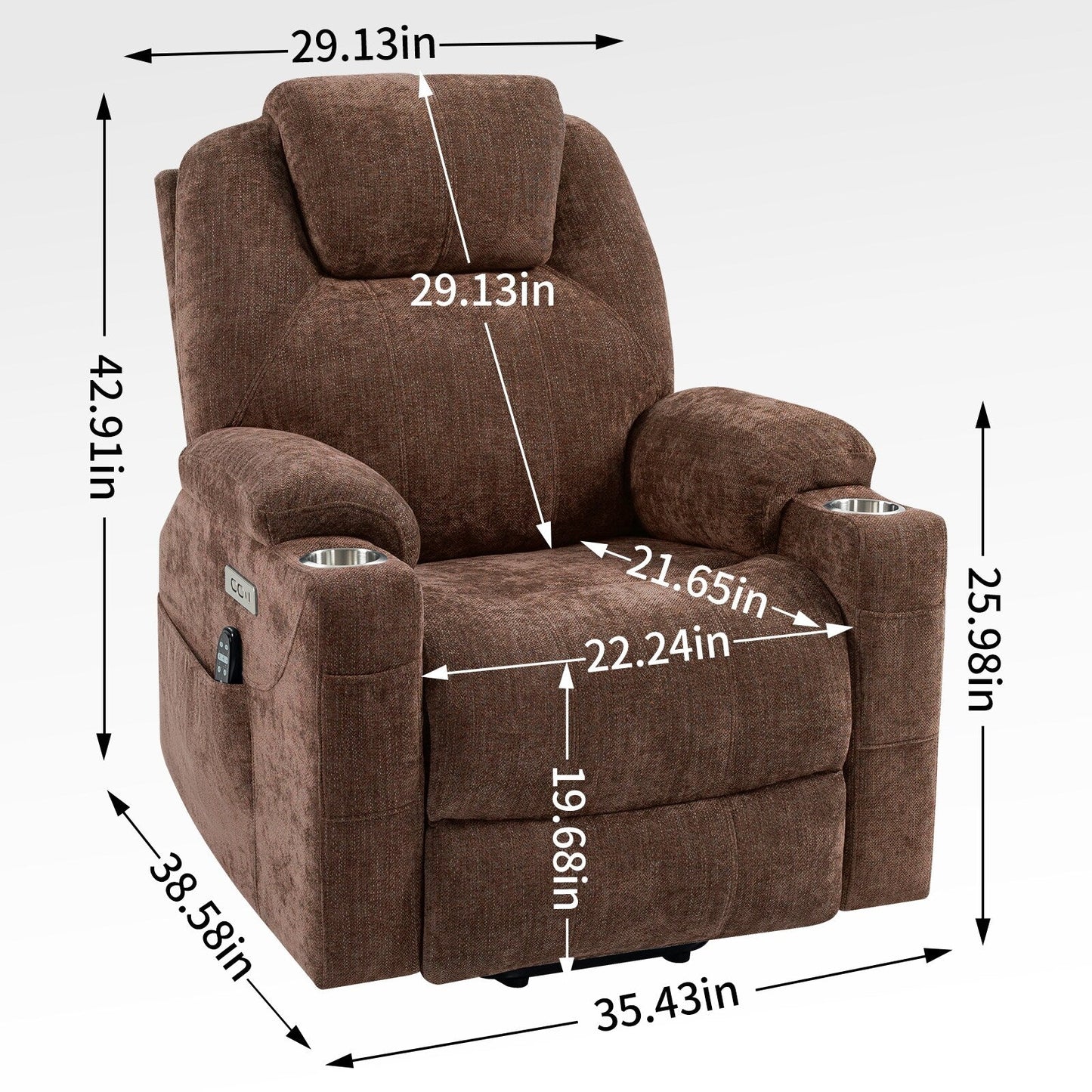 Fauteuil inclinable électrique avec massage à 8 points, chauffage lombaire, deux ports USB et porte-gobelets en acier inoxydable