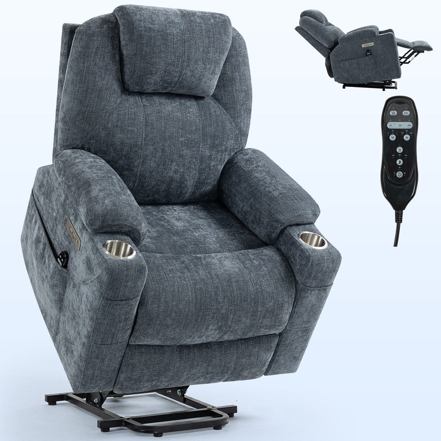 Fauteuil inclinable électrique avec massage à 8 points, chauffage lombaire, deux ports USB et porte-gobelets en acier inoxydable