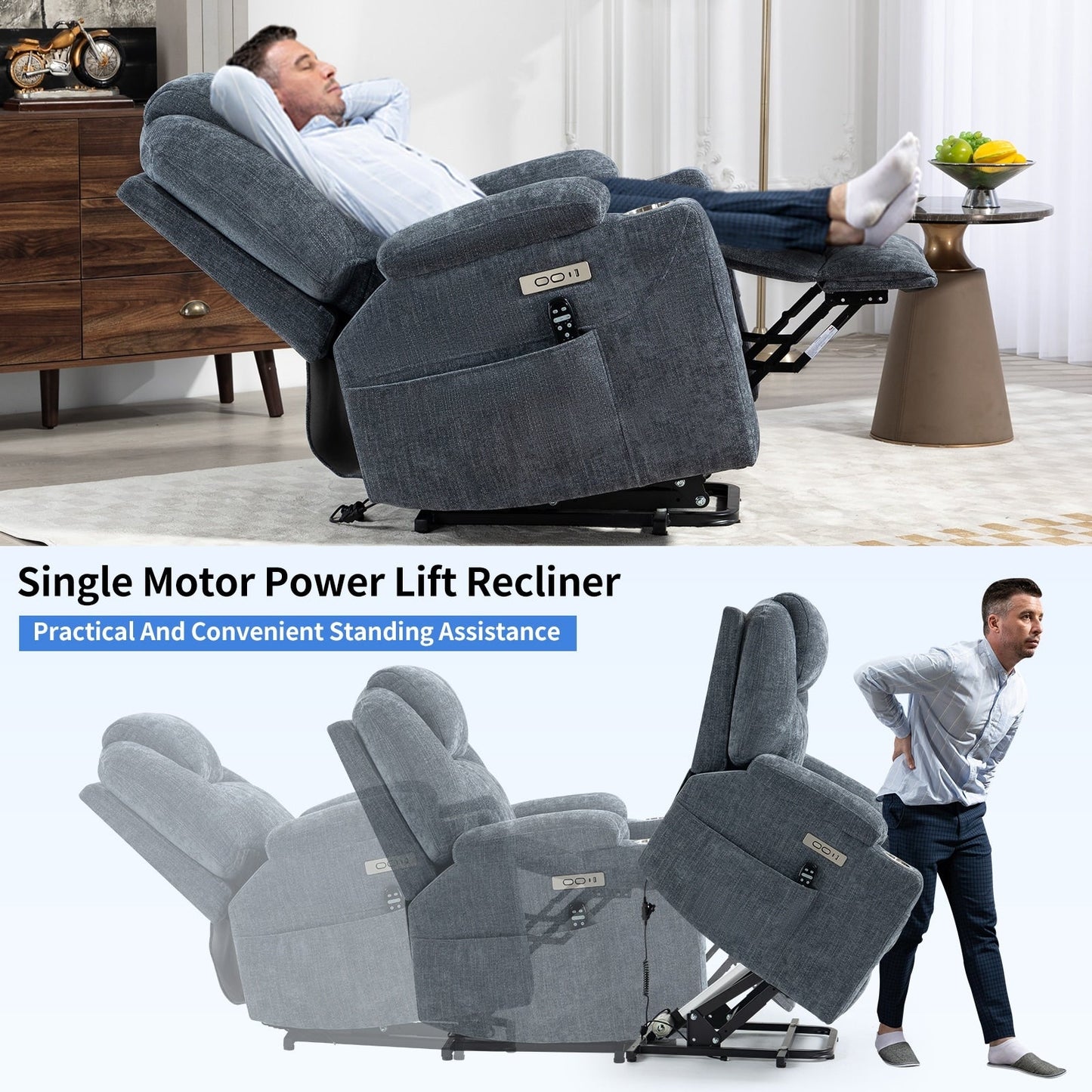 Fauteuil inclinable électrique avec massage en 8 points, chauffage lombaire, double chargement USB et porte-gobelets en acier inoxydable