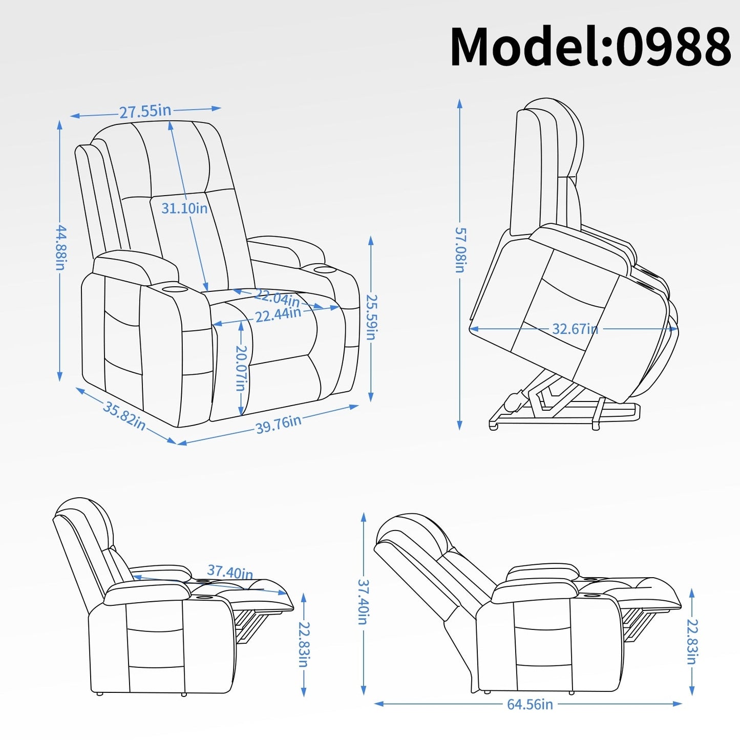 Fauteuil inclinable électrique avec massage et chauffage lombaire, chargement USB, deux porte-gobelets et rangement latéral spacieux