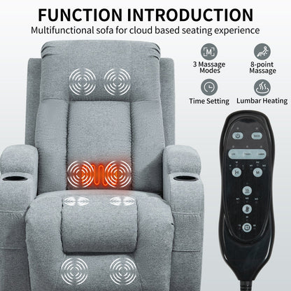 Fauteuil inclinable électrique avec massage et chauffage lombaire, chargement USB, deux porte-gobelets et rangement latéral spacieux