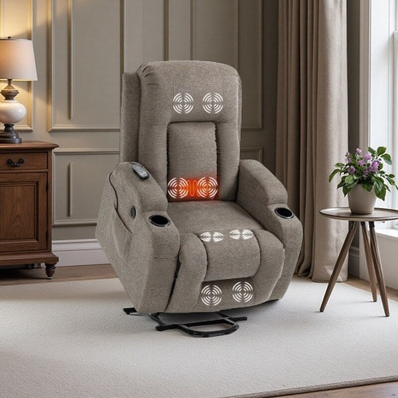 Fauteuil inclinable électrique avec massage et chauffage lombaire, chargement USB, deux porte-gobelets et rangement latéral spacieux