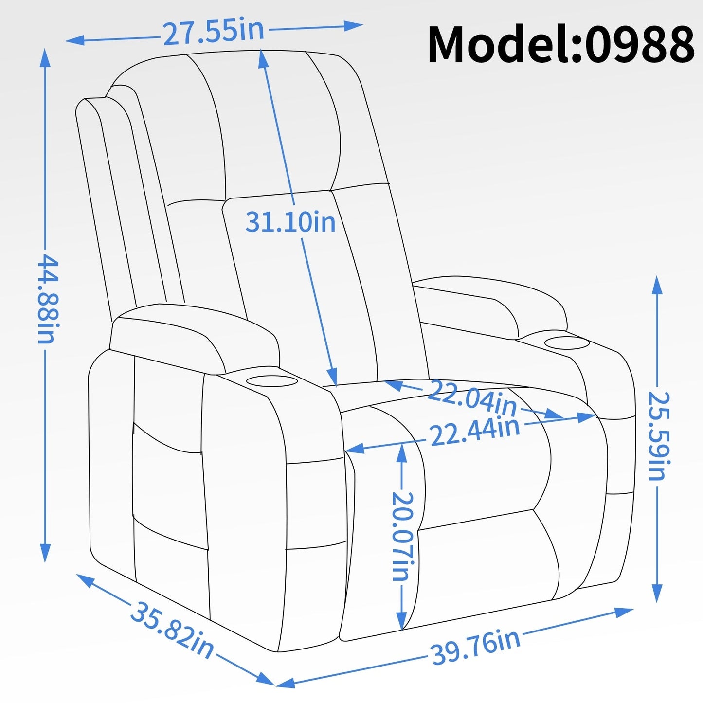 Fauteuil inclinable électrique avec massage et chauffage lombaire, chargement USB, deux porte-gobelets et rangement latéral spacieux