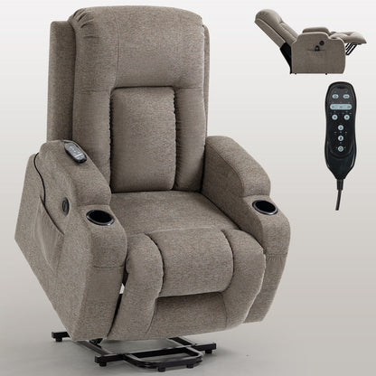 Fauteuil inclinable électrique avec massage et chauffage lombaire, chargement USB, deux porte-gobelets et rangement latéral spacieux