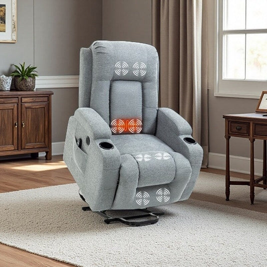 Fauteuil inclinable électrique avec massage et chauffage lombaire, chargement USB, deux porte-gobelets et rangement latéral spacieux