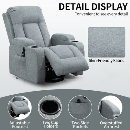 Fauteuil inclinable électrique avec massage et chauffage lombaire, chargement USB, deux porte-gobelets et rangement latéral spacieux