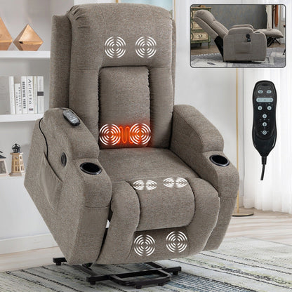 Fauteuil inclinable électrique avec massage et chauffage lombaire, chargement USB, deux porte-gobelets et rangement latéral spacieux