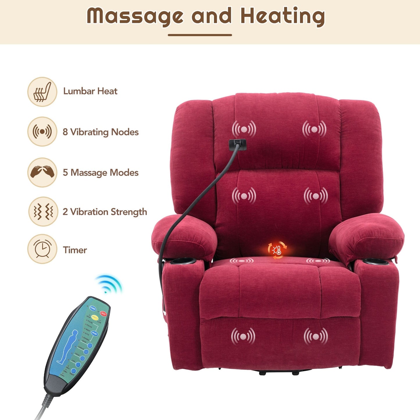 Fauteuil inclinable électrique avec massage, chauffage et support pour téléphone