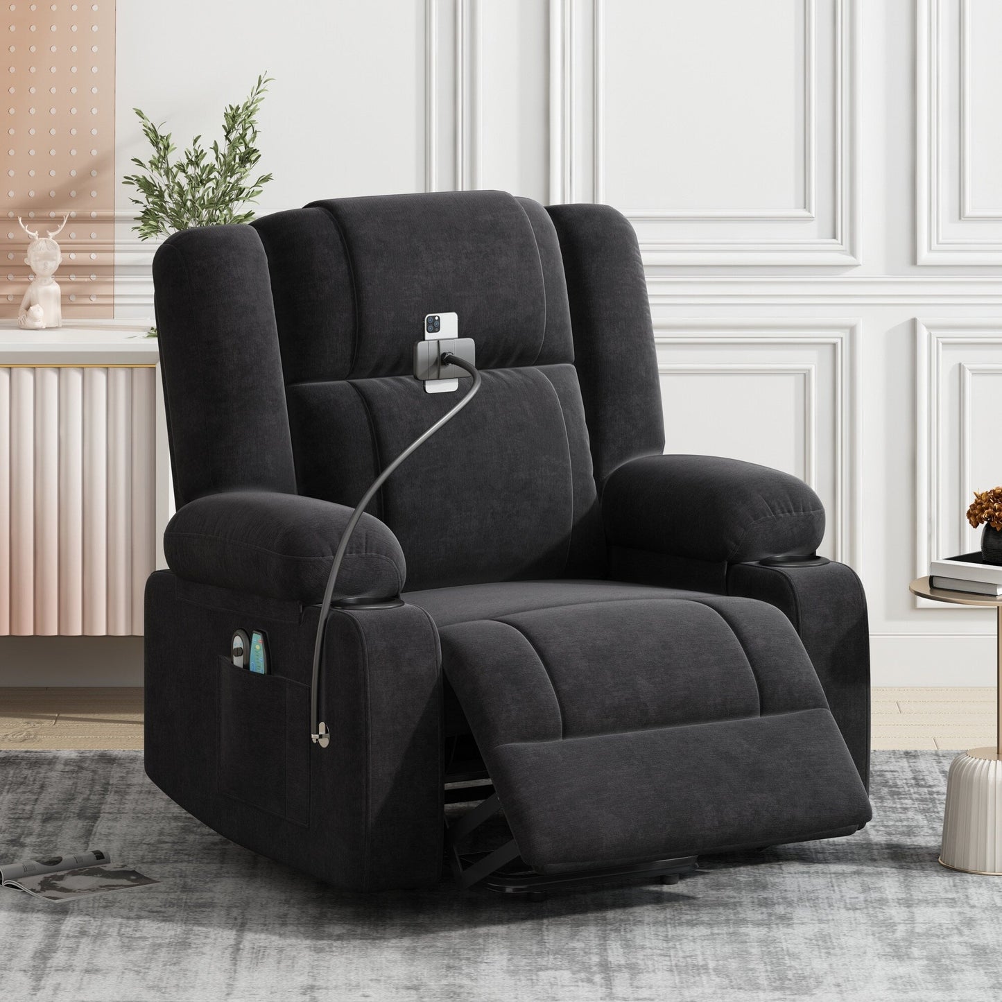 Fauteuil inclinable électrique avec massage, chauffage et support pour téléphone