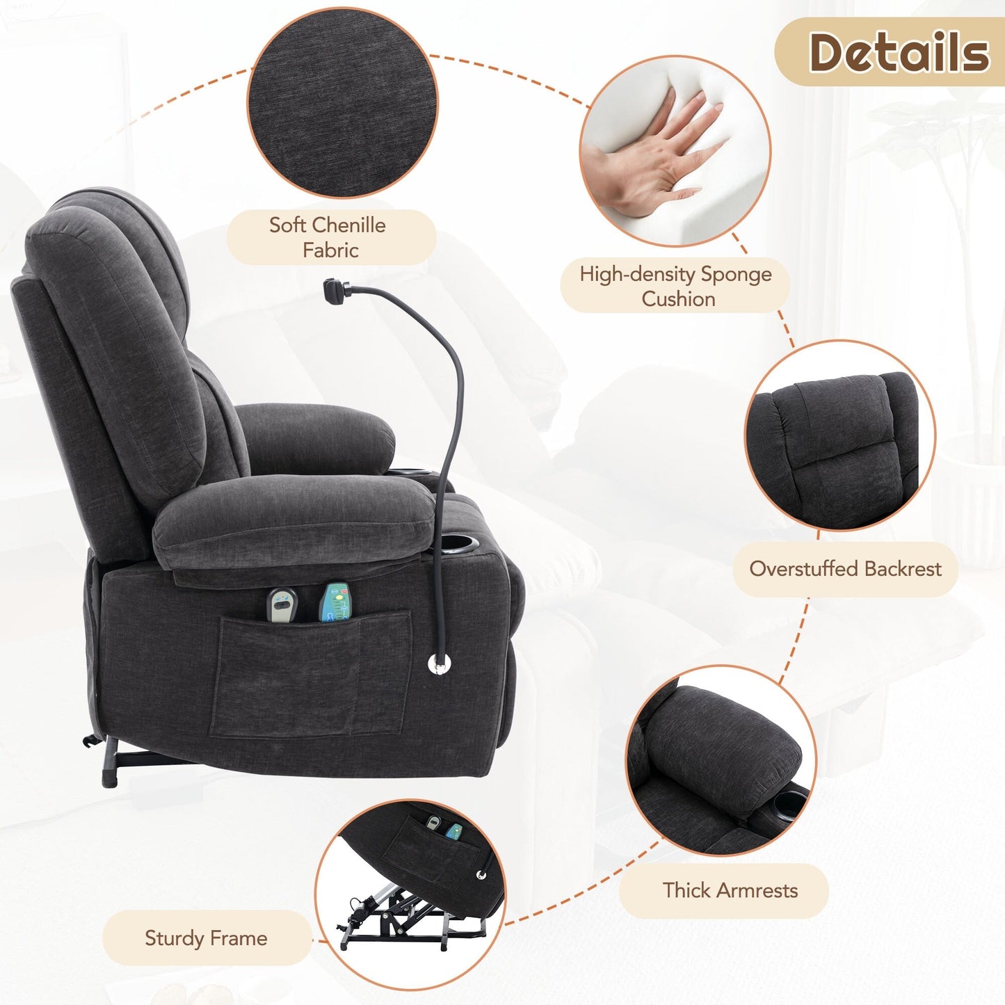 Fauteuil inclinable électrique avec massage, chauffage et support pour téléphone