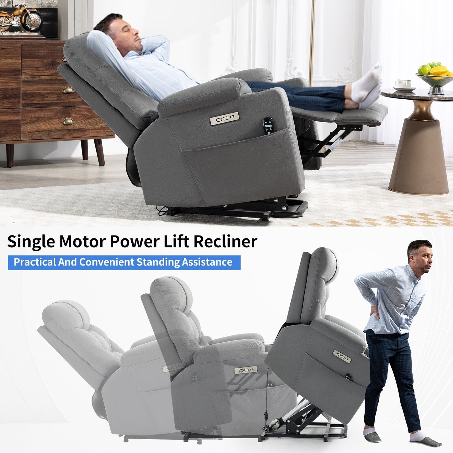 Fauteuil inclinable électrique avec moteur OKIN, massage, chauffage, port USB et porte-gobelets