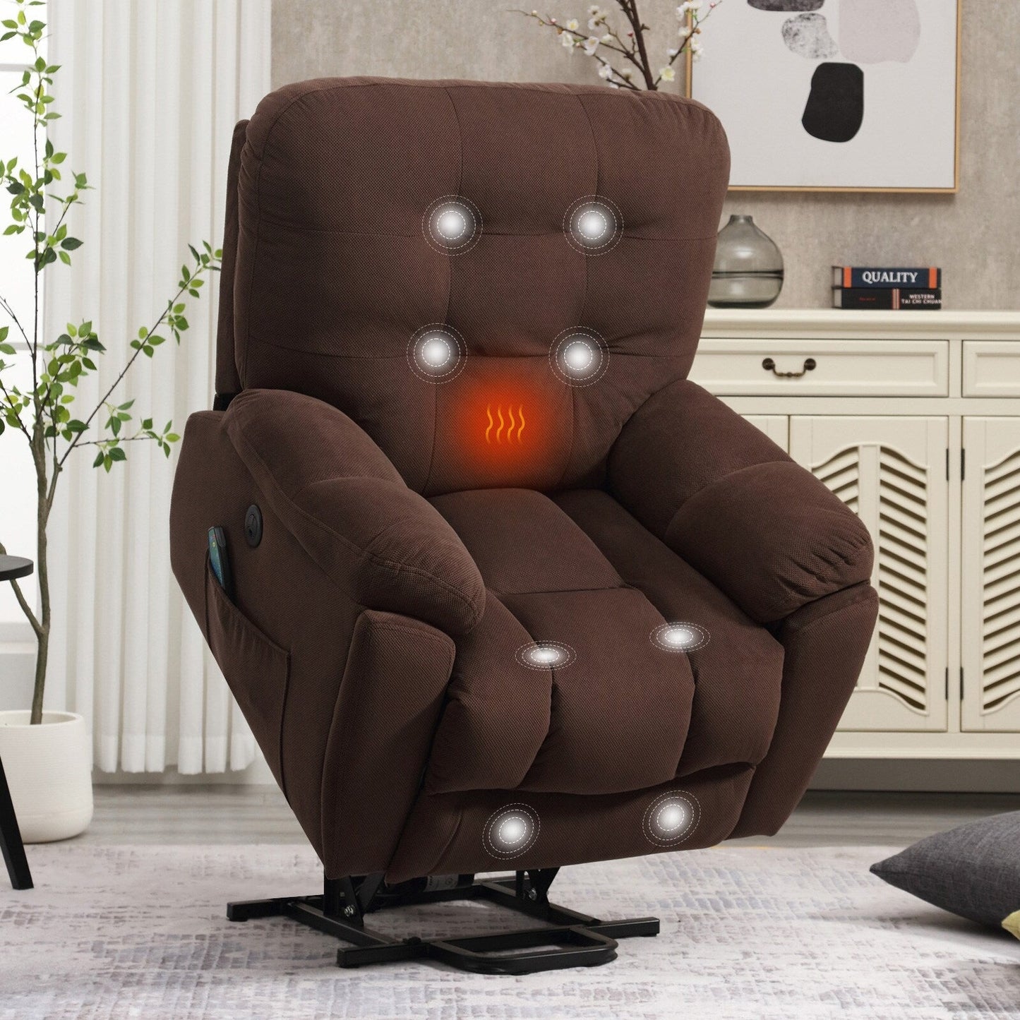 Fauteuil inclinable électrique avec massage par vibration, chauffage, port USB, porte-gobelets dissimulés et poches latérales, inclinaison réglable