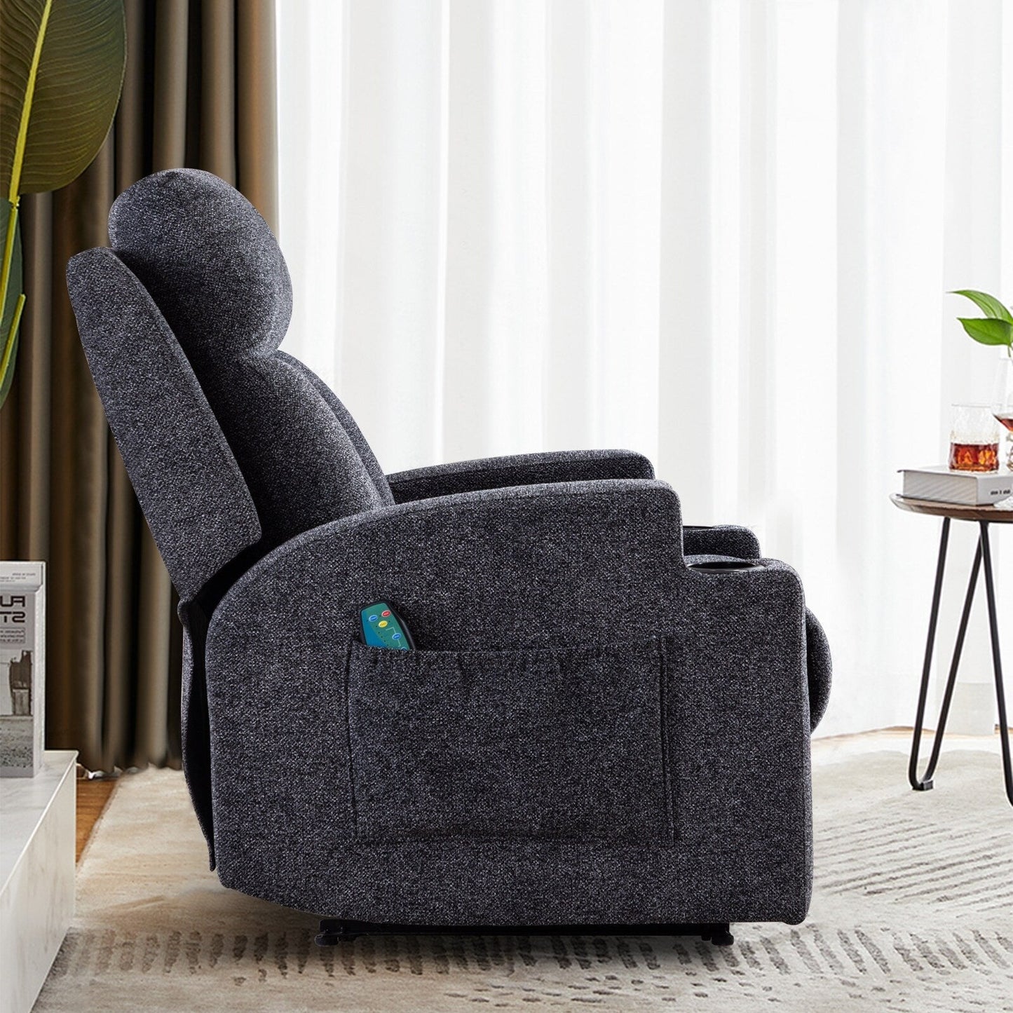 Fauteuil inclinable manuel, massant et chauffant, avec 2 porte-gobelets, tissu respirant
