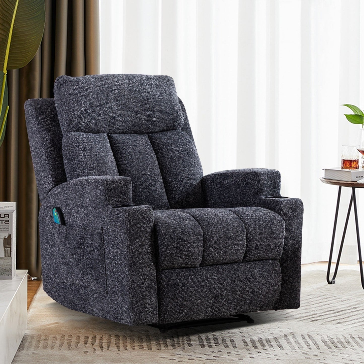 Fauteuil inclinable manuel, massant et chauffant, avec 2 porte-gobelets, tissu respirant