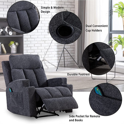 Fauteuil inclinable manuel, massant et chauffant, avec 2 porte-gobelets, tissu respirant