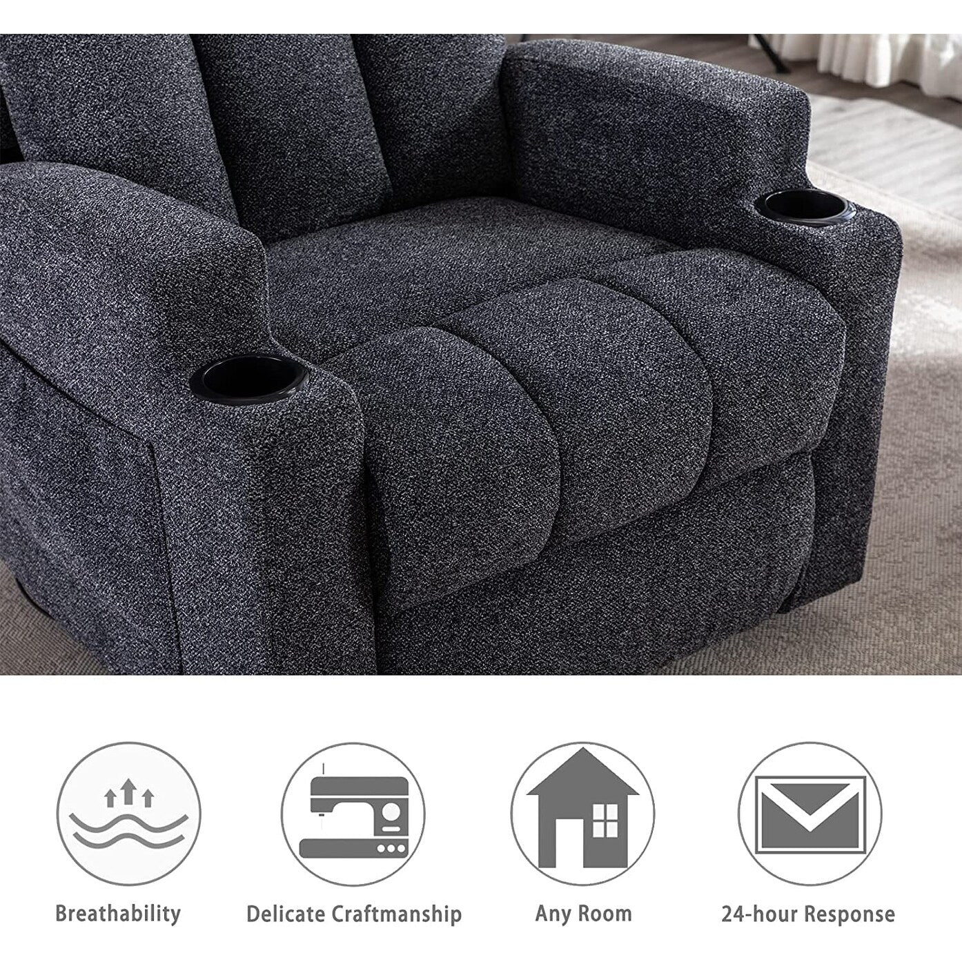 Fauteuil inclinable manuel, massant et chauffant, avec 2 porte-gobelets, tissu respirant